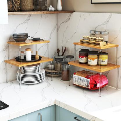 Jolitac Cabinet Organizer Shelf - Set of 2 Clear Acrylic Spice Rack, Stackable Pantry Storage Shelves for Kitchen Counter, Bathroom, Desk - Multi-Purpose Bamboo Space Saving Shelves, Easy Assembly