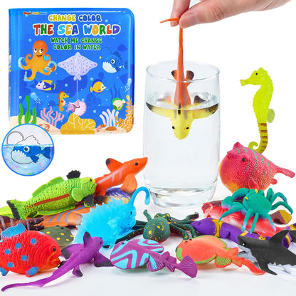 Color Changing No Hole Bath Toys for Kids Toddlers, Color Change Water Table Bathtub Toys Sea Creatures Rubber Fish for Kids & 2 Glow in The Dark Ocean Animal with Bath Book