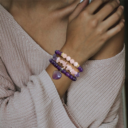 Vinswet Healing Crystal Beaded Bracelets for Women,Natural Amethyst Rose Quartz Gemstones Bracelet,Anxiety Stress Relief Heart Charm Bracelet Handmade purple Jewelry Gifts for Women (3pcs)
