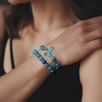GolbalJew Apatite Stone Bracelet for Women Healing Crystal Stones Bracelets Blue Gemstone Beads Stretch Bracelet Butterfly Charms Jewelry Women Gift