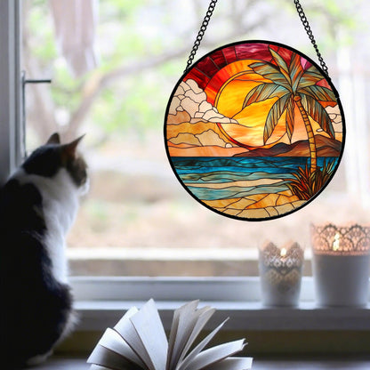CHATYOUNG Stained Glass Window Hanging Sunrise Over A Blue Ocean Landscape 7.8" - Suncatcher Door Garden Home Decor Birthday Christmas for Men Woman Mom Nana Grandma Girl Dad