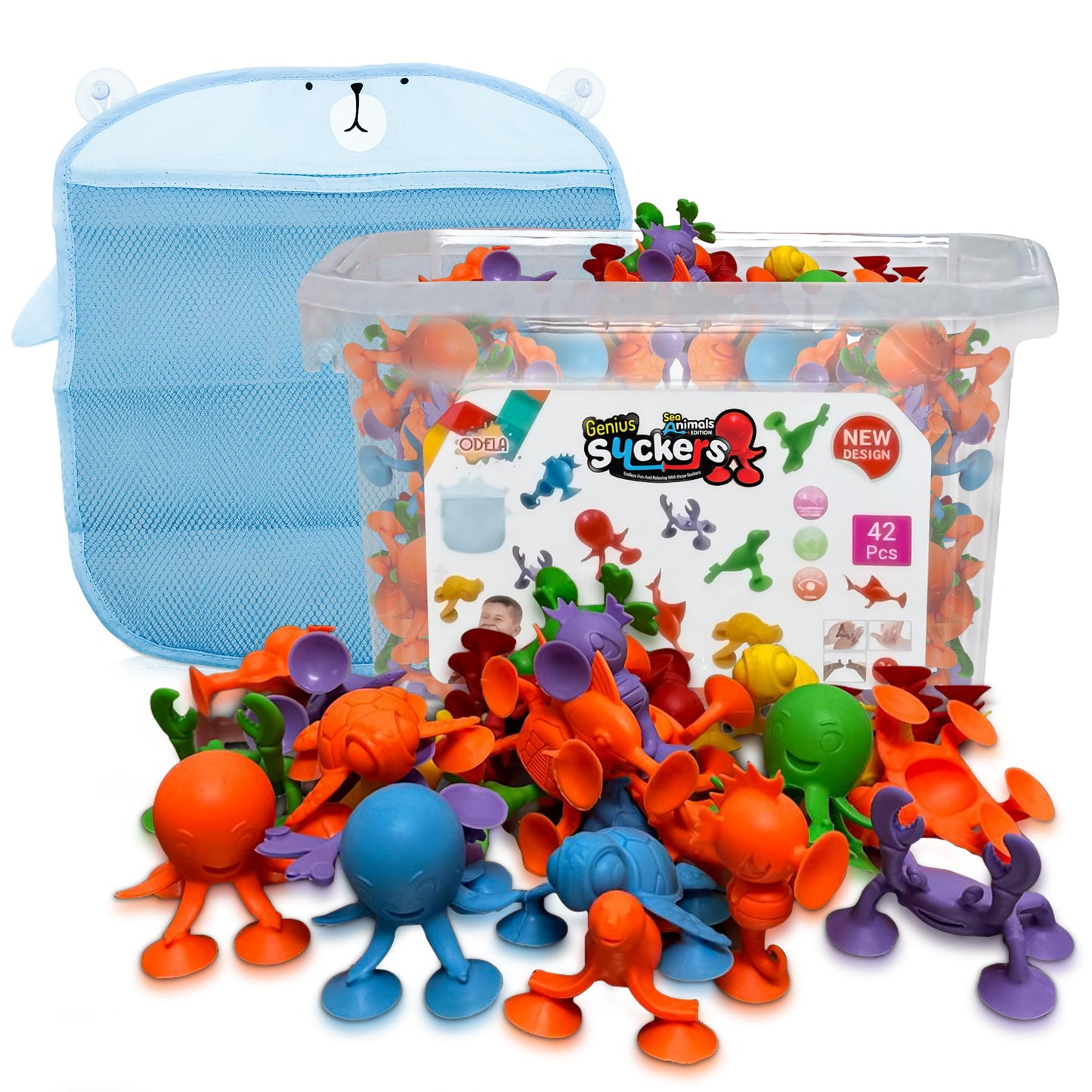 ODELA Genius Sucker Toys 42PCs Sea Animals Edition – Fun Colorful Toddler Bath Toy Animal Toys for Toddlers 1-3 – Safe and Durable Materials – Educational and Cute Designs – Ideal for Bath Time, Pool