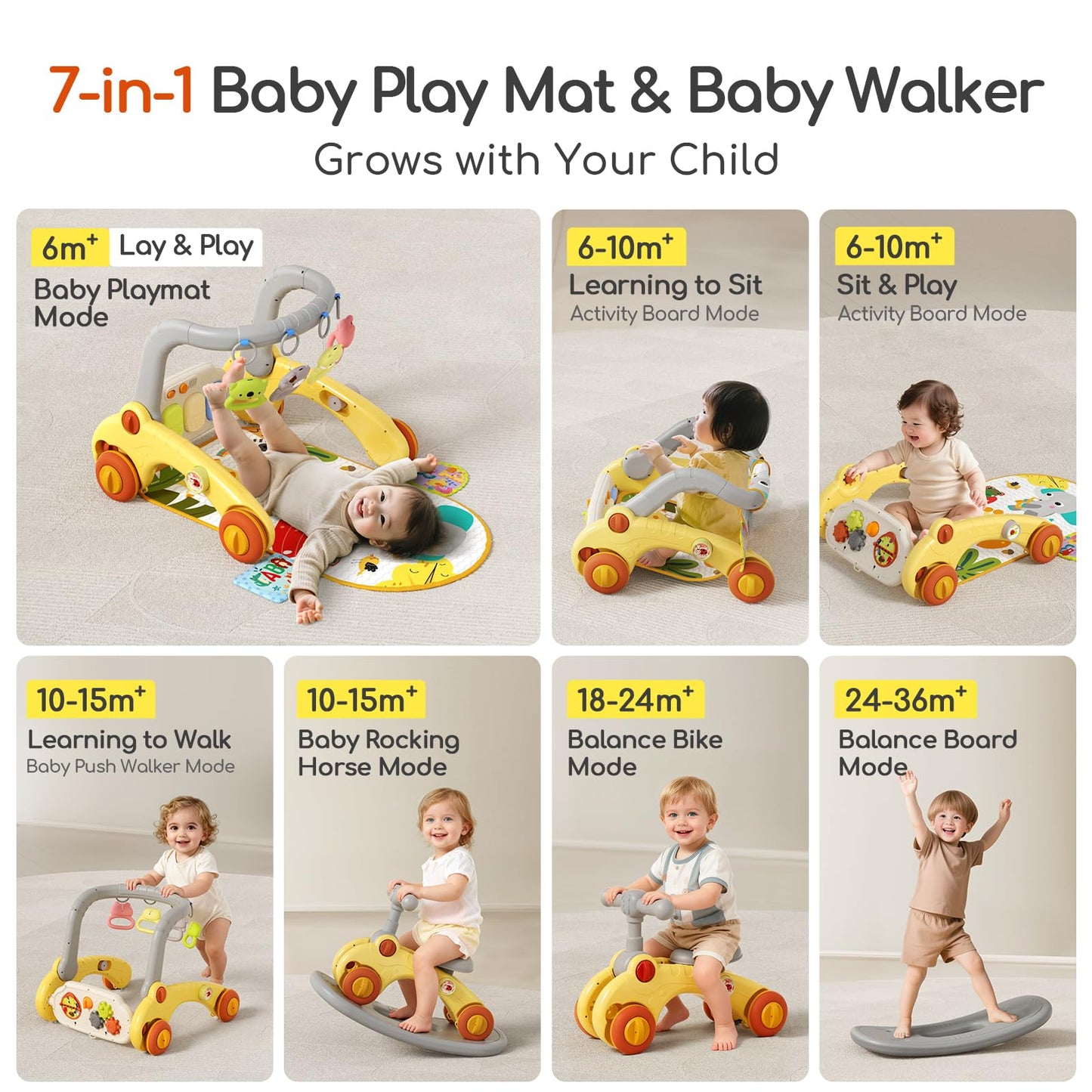 7 in 1 Baby Push Walkers Gym Play Mat for Baby Boys Girls 6-12 Months,Activity Center Rocking Toy Balance Bike Board for Toddlers 1-3,Sit to Stand Walker,Early Learning Push Toys Gifts for Infant