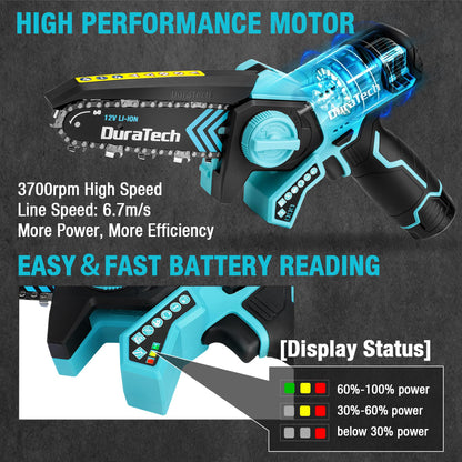 DURATECH 12V Mini Chainsaw, 6 Inch Electric Cordless Chainsaw with 2 Batteries & 2 Chains, One-Hand Operated Portable Wood Saw for Garden Tree Branch Pruning, Wood Cutting