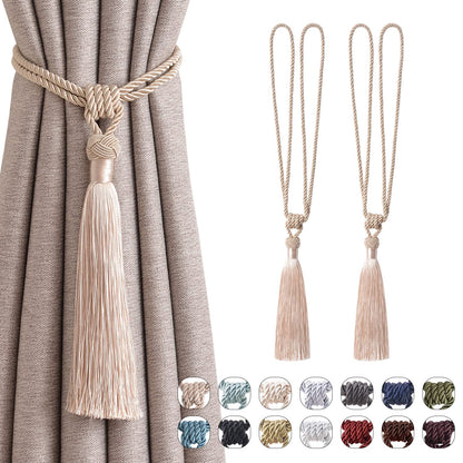 NICEEC 2 Pack Long Tassel Curtain Tiebacks Handmade Braided Rope Knot Drape Tie Backs European Style Decorative Curtain Holdbacks for Home & Office Window Drapery (Dark Beige)