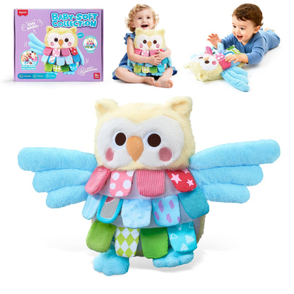 JoyCat Sensory Owl Baby Toy for 0-12 Months, 13''Soft Tummy Time Infant Toy with Multi-Textured Crinkle Feathers, Baby Mirror, Stuffed Animal Plush Montessori Easter Gifts for Newborn Boys and Girls
