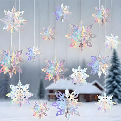 12pcs 3D Christmas Hanging Snowflakes Decorations， Iridescent Paper Snowflakes Snow Flakes Garland for Winter Wonderland Frozen Christmas Birthday Party Decorations，