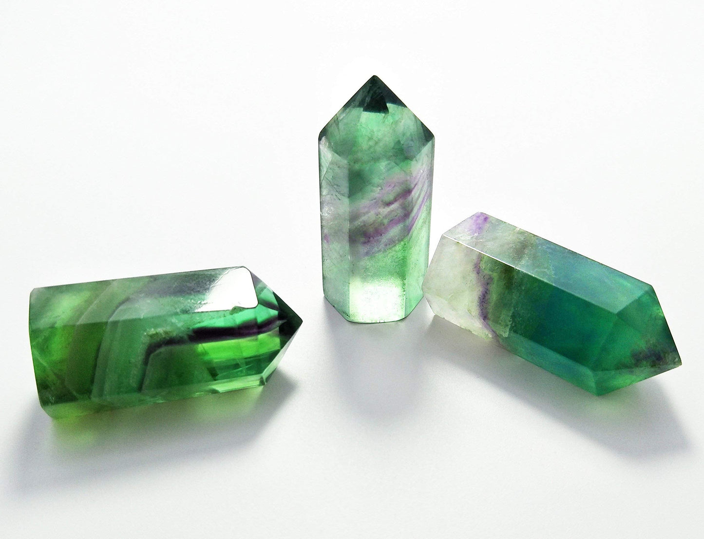 Set of 3 Pointed & Faceted Healing Crystal Wands Made of Natural Green Fluorite Stone for Reiki Chakra Meditation Therapy Décor