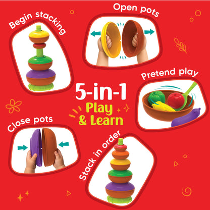 Imagimake Stacking Pots Toys | Leaps & Bounds 6+ Month Old Baby Toy | Learning Toy for Infant & Toddler | 5-in-1 Play & Learn | Stacking, Nesting, Pretend Play | First Birthday Gifts for Girls & Boys