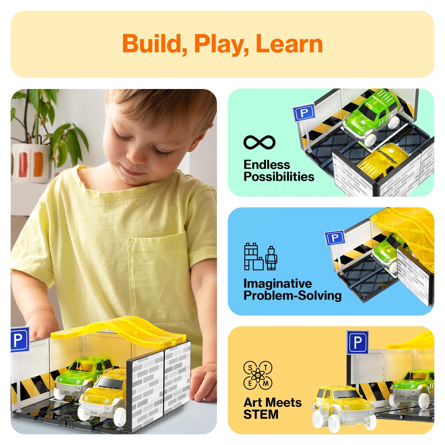 PicassoTiles Magnetic Tiles Race Car Track Kit Parking Garage Expansion Pack with 2 Cars Magnet Tile Building Blocks Educational Toy Learning Kit Pretend Play Construction Set Kids Child Ages 3+ PTR07