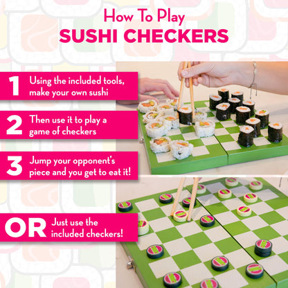 Project Genius: Sushi Checkers - Game & Sushi Making Set, Folding Bamboo Game Board, 24 Checkers & Chopsticks Set, Adults & Kids Ages 8+, 2 Players
