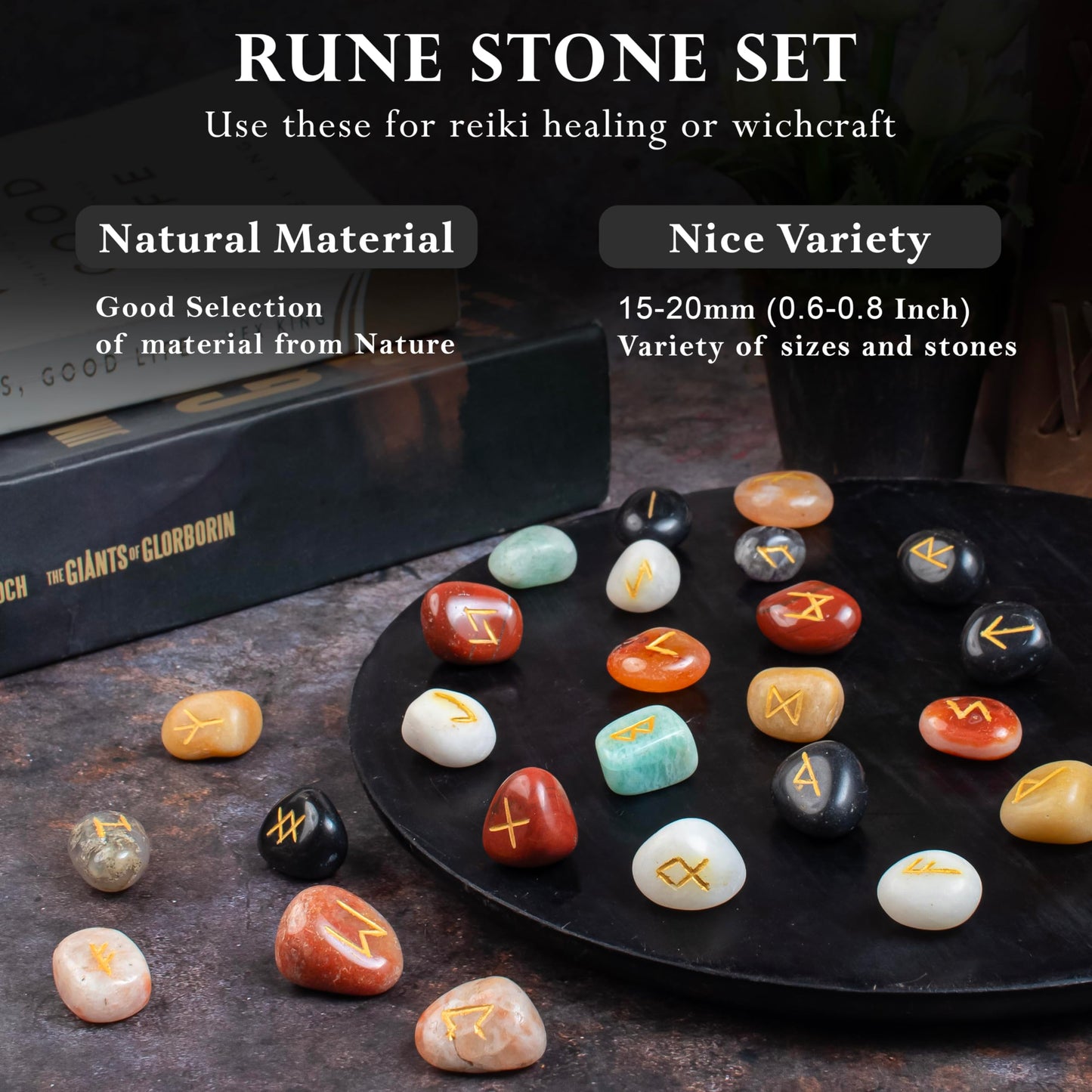 Crocon Rune Stones Sets 25 pcs Mix Chakra for Beginners with Elder Futhark Alphabets for Healing Chakra Crystals Reiki feng Shui Gemstone Runes Set Size: 15-20 mm with a Pouch & Rune brochure