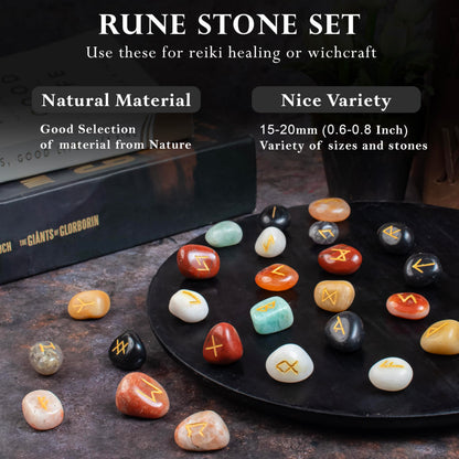 Crocon Rune Stones Sets 25 pcs Mix Chakra for Beginners with Elder Futhark Alphabets for Healing Chakra Crystals Reiki feng Shui Gemstone Runes Set Size: 15-20 mm with a Pouch & Rune brochure