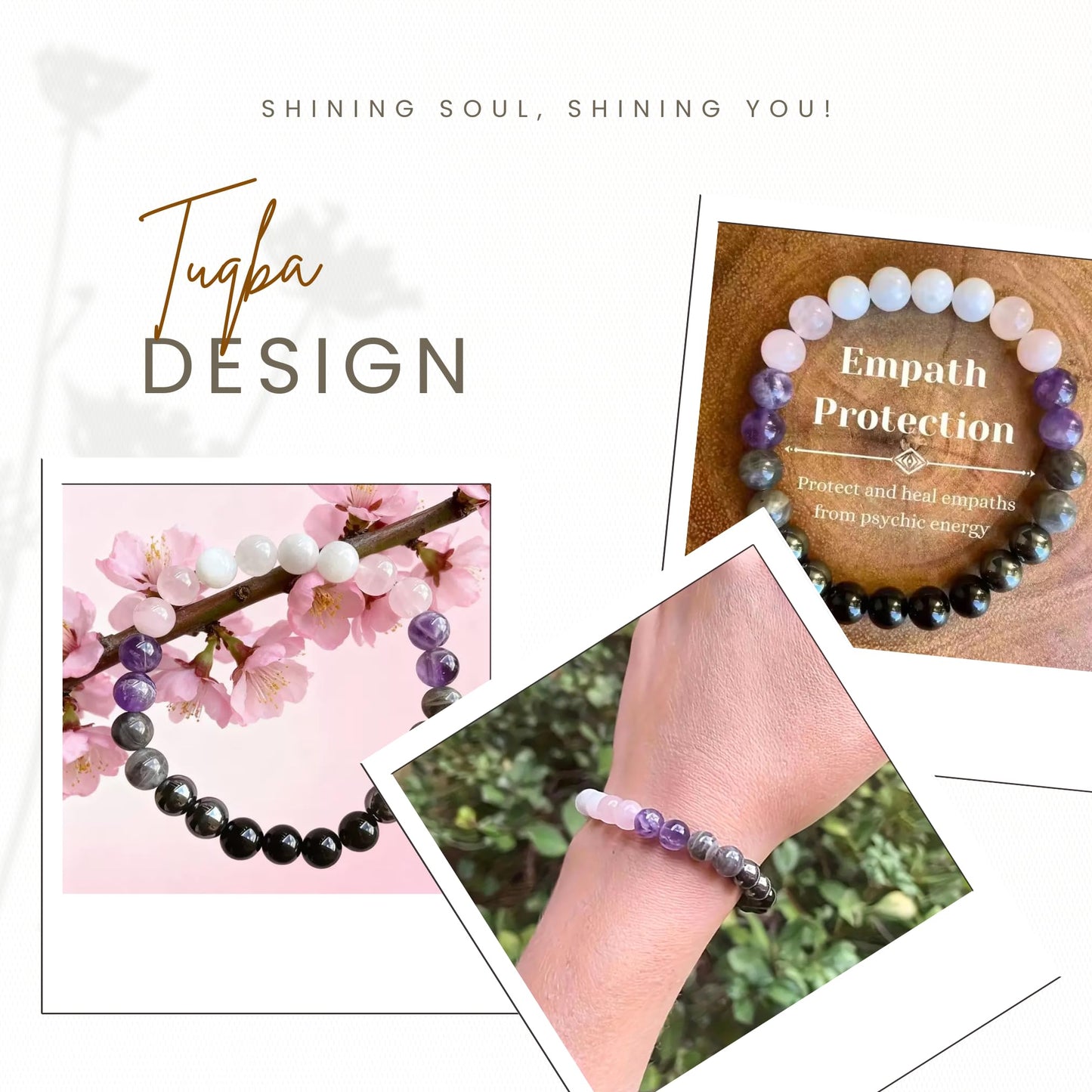 TUQBA Empath Protection Beaded Crystal Bracelet Natural Stone Jewelry Onyx, Amethyst, Labradorite, Rose Quartz, White Jade, Baptism Birthday Healing Christmas, Mothers Days Gifts