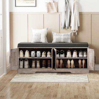 Homleke 2-Tier Storage Bench, Shoe Bench with Thickened Padded Seat Cushion, Entryway Bench with 4 Doors, Adjustable Shelf, 13.8" D x 45.3" W x 18.5" H, for Entryway, Living Room, Bedroom, Greige