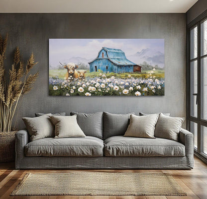 Anolyfi Highland Cow Farmhouse Wall Art for Living Room, Blue Barn Paintings Warm and Cozy Decor for Bedroom Dining Room Home Hallway, Framed 58"x29"