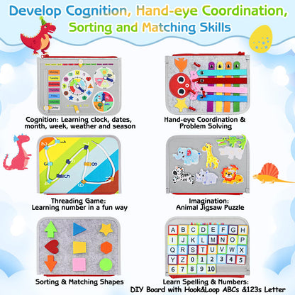 Esjay Montessori Sensory Garden Plush Set and Busy Board, Developmental Learning Toys with Rattle Squeaker Mirror Texture Tissue, Grey Dinosaur