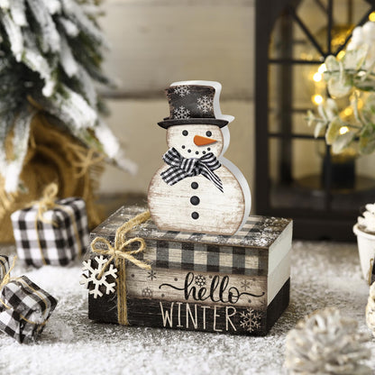 Anglechic 4 Pcs Winter Snowman Decor Hello Winter Table Decorations Christmas Tiered Tray Decor Centerpiece Indoor Rustic Wooden Snowman Block Sign Gift Farmhouse for Home Kitchen Shelf
