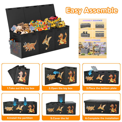 Extra Large Toy Box Chest, Collapsible Sturdy Toy Storage Organizer Boxes Bins Baskets Dinosaur Kids Toy Chest Bin with Lids for Boys Girls Living Room Playroom Bedroom Nursery 41"x14"x16" Black