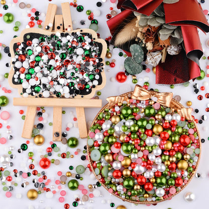 Kikonoke 75g Mix Resin Pearls Rhinestones Kit, 3-10mm Half Pearls and 2-6mm Flatback Rhinestones for Nail Art Decoration Shoes Clothes Tumblers Scrapbooking Craft DIY (Christmas)
