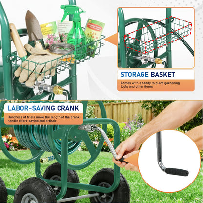 FDW Garden Hose Reel Cart, Water Hose Cart with 4 Wheels, Hold Up to 300 ft of 5/8’’ Hose，Heavy Duty Powder-Coated Steel Planting with Storage Basket, for Garden, Yard and Lawn