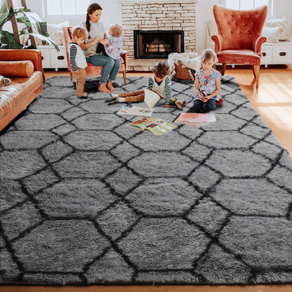 ONASAR Area Rugs for Bedroom Living Room, 4x6 Fluffy Grey and Black Rug, Shaggy Geometric Floor Mat for Home Decor Aesthetic, Soft Plush Fuzzy Carpet for Nursery Kids Teen Dorm