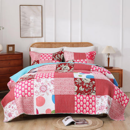 BOV Farmhouse Quilt Queen – 100% Cotton Patchwork Reversible Quilt Bedding Set, Pink Floral Cotton Quilt with Abstract Geometric Design, Bohemian Quilt Set with 2 Pillow Shams, Farmhouse Bedspreads