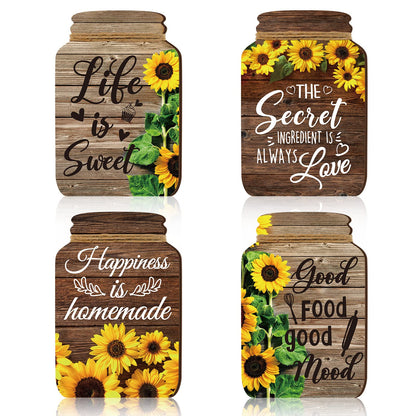4 Pcs Kitchen Wall Decor Mason Jar Set Wooden Rustic Home Decor Inspirational Kitchen Hanging Farmhouse Wall Signs for Home decoration(Sunflower)