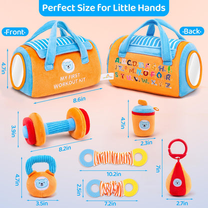 Baby Toys 3-6-12 Months Sensory Toy for Babies Workout Dumbbell Weights Toy Set with Rattles,Crinkle,Mirror & Teether,Montessori Toys for 6 Month Old Infant Baby Girl Boy Gifts