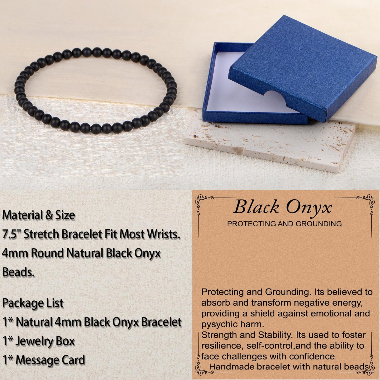 LPBeads Handmade Natural Gemstone Stretch Elastic 4mm Matte Black Onyx Bracelet Healing Crystal Round Stone Beads Jewelry Gifts for Women Men