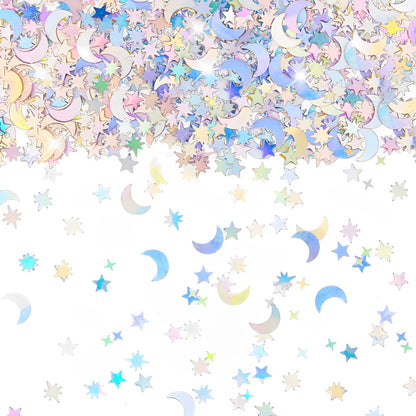 4000 Pcs Star Confetti, Glitter Confetti, Holographic Metallic Star Glitter, Holographic Moon for Party Decorations, Wedding, Birthday, Festival, DIY, Unicorn Theme, Silver, 10mm