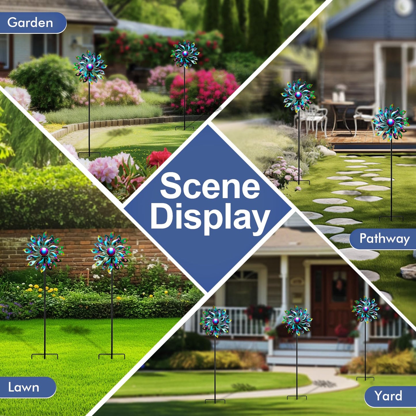 360°Peacock Solar Wind Spinner with Lights Blue Metal Garden Outdoor Decor Yard Lawn Art Decor for Patio Kinetic Windmills Unique Gifts for Friends and Family 51.9' H x 12.2'' Dia