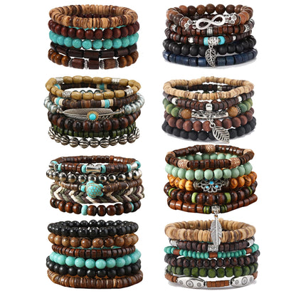 SONNYX 43Pcs Punk Wooden Beads Bracelets Gothic Bracelet for Men Adjustable Vintage Beaded Bracelet Metal Set Wood Bangles Wristbands Commemorative Gift