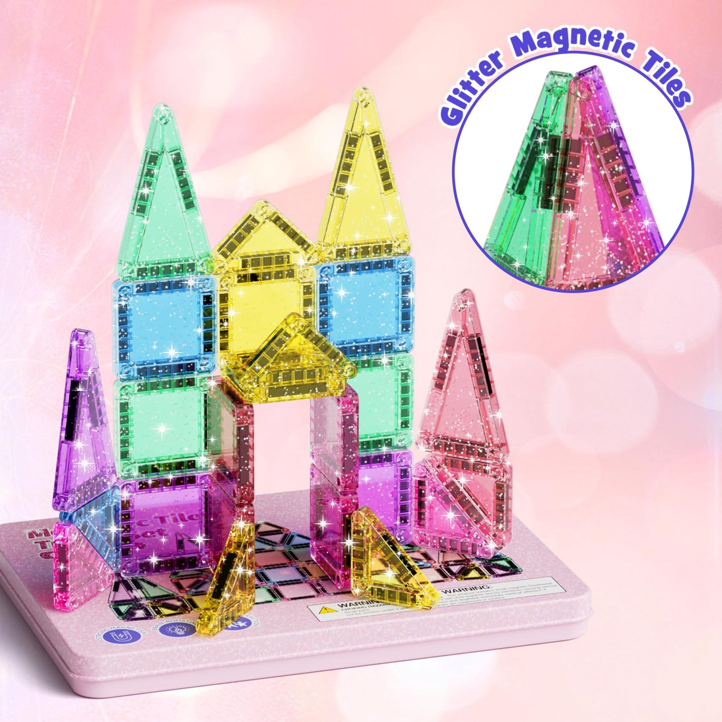 WMXDU 42-Piece Glitter Magnetic Tiles Travel Set with Pink Metal Box - Portable STEM Building Blocks for Kids Ages 3-8 Boys & Girls STEM Montessori Educational Toys for Airplane Car Rides