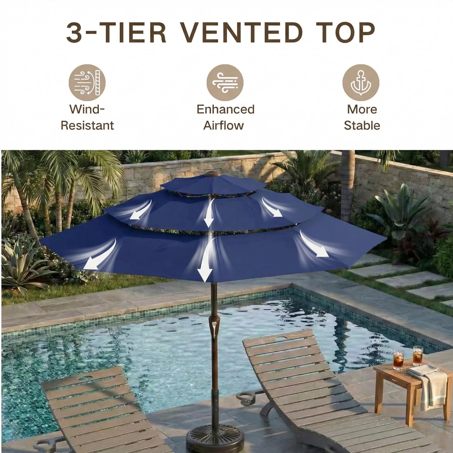 Kingdura 10ft 3-Tier Patio Umbrella, Outdoor Table Umbrella with Easy Crank & Tilt, 8 Reinforced Ribs, UV Protection for Deck, Pool, Market, Backyard (Navy blue)