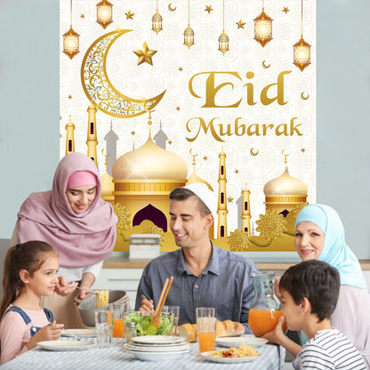 Eid Mubarak Decorations - 70PCS White Gold Ramadan Confetti Balloons with Mubarak Moon Star Foil Balloon, Backdrop for Party Supplies, Eid Decorative Banner for al-Fitr and al-Adha Decor