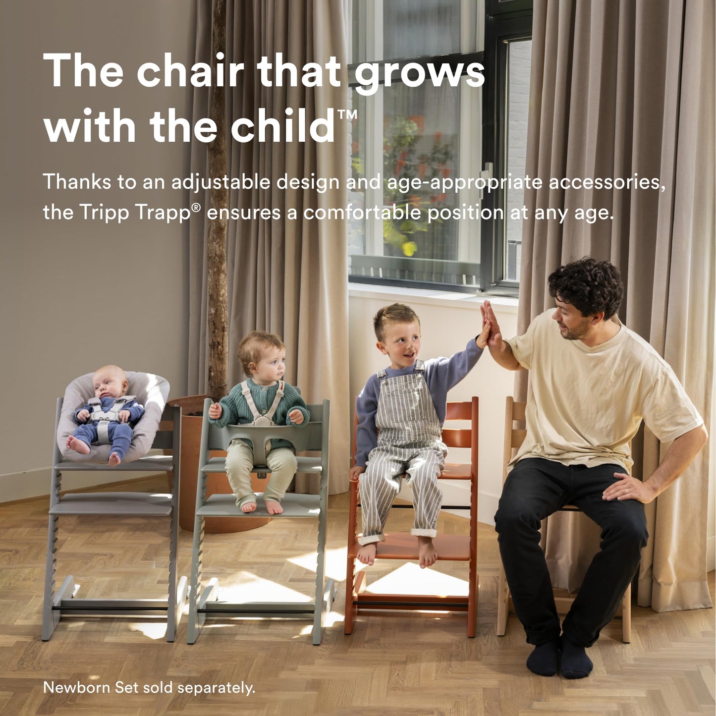 Stokke Tripp Trapp High Chair 2 (Storm Grey), Cushion 2 (Nordic Grey) + Stokke Tray (White) - Includes Chair + Baby Set 2 with Removable Harness for Children 6-36 Months
