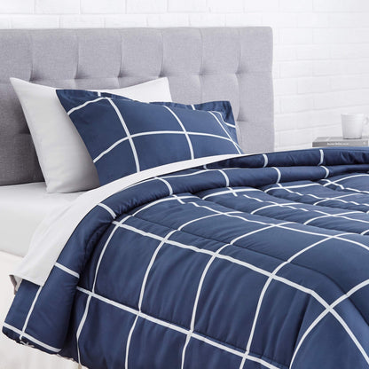 Amazon Basics 5-Piece Lightweight Microfiber Comforter Set with Sheets, Bed-in-a-Bag, Navy with Grey Plaid Bedding, Twin/Twin XL