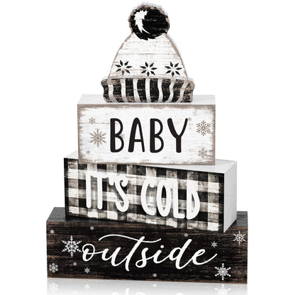 Marsui 4 Pcs Winter Wooden Tabletop Decor Wooden Hat Block Sign Rustic Tiered Tray Decor Baby Its Cold Outside Table Centerpiece Cozy Neutral Winter Decoration for Home Office Desk Shelf