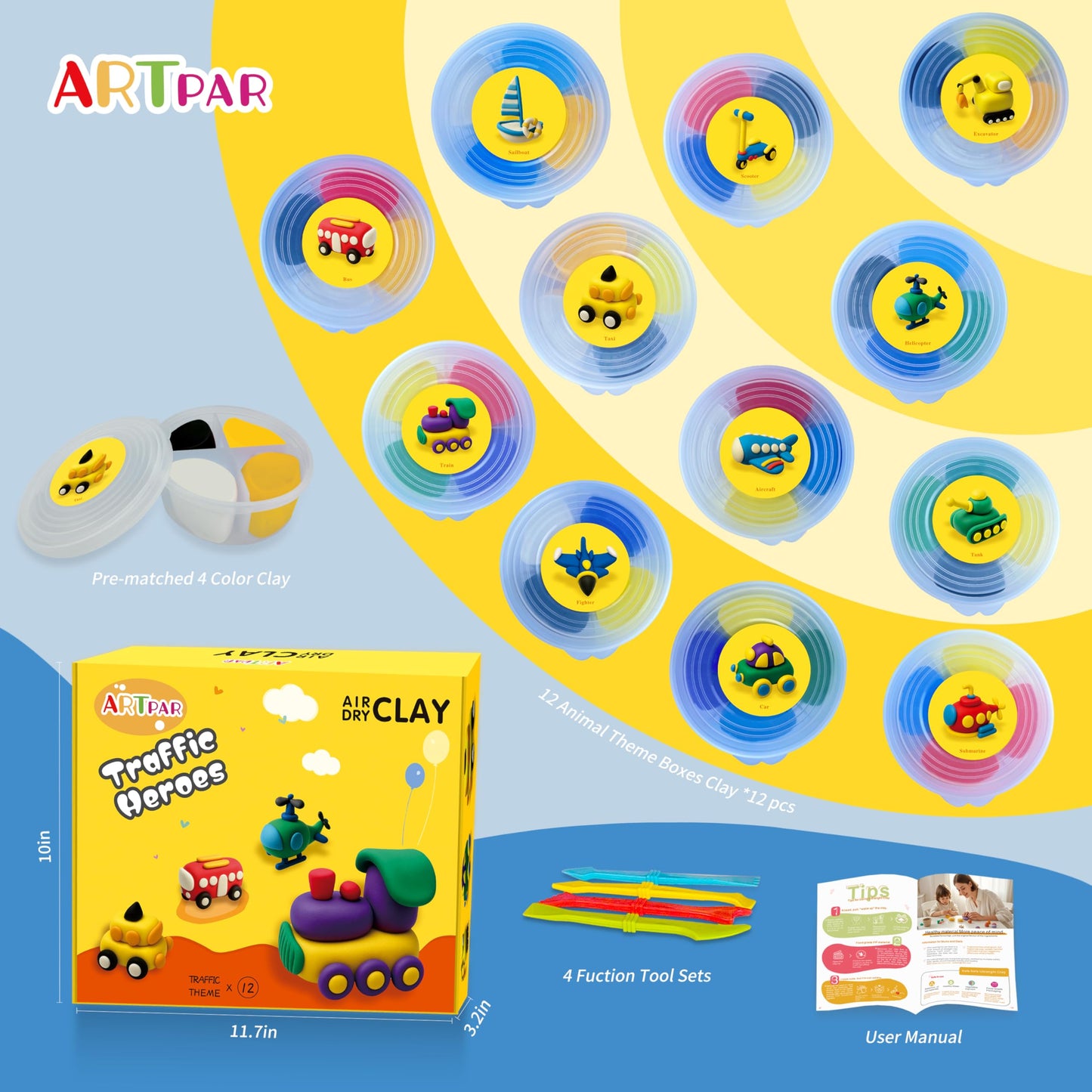 Artpar Kids Air Dry Clay Kit,12 Pack Traffic Modeling Magic Clay Sculpting Set | Ultra Light & Soft DIY Art & Crafts School Classroon Projects,Home Party Favors Supplies for Boys Girls Adults