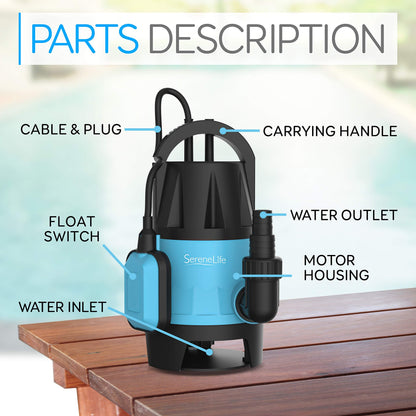 SereneLife 400W Submersible Pump Clean Dirty Water Powerful Utility Sump Pump Auto Float Switch,16 ft. Cord, Basement, Yard, Swimming Pool, Pond, Flooded Area, Garden or Flat Hose