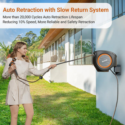 Ruvup Retractable Garden Hose Reel, 5/8in x 100ft Water Hose Reel with Metal Bracket, UV Resistant Automatic Hose Reel Wall Mount for Outside, Slow Retraction Any Length Lock 10 Spray Nozzle