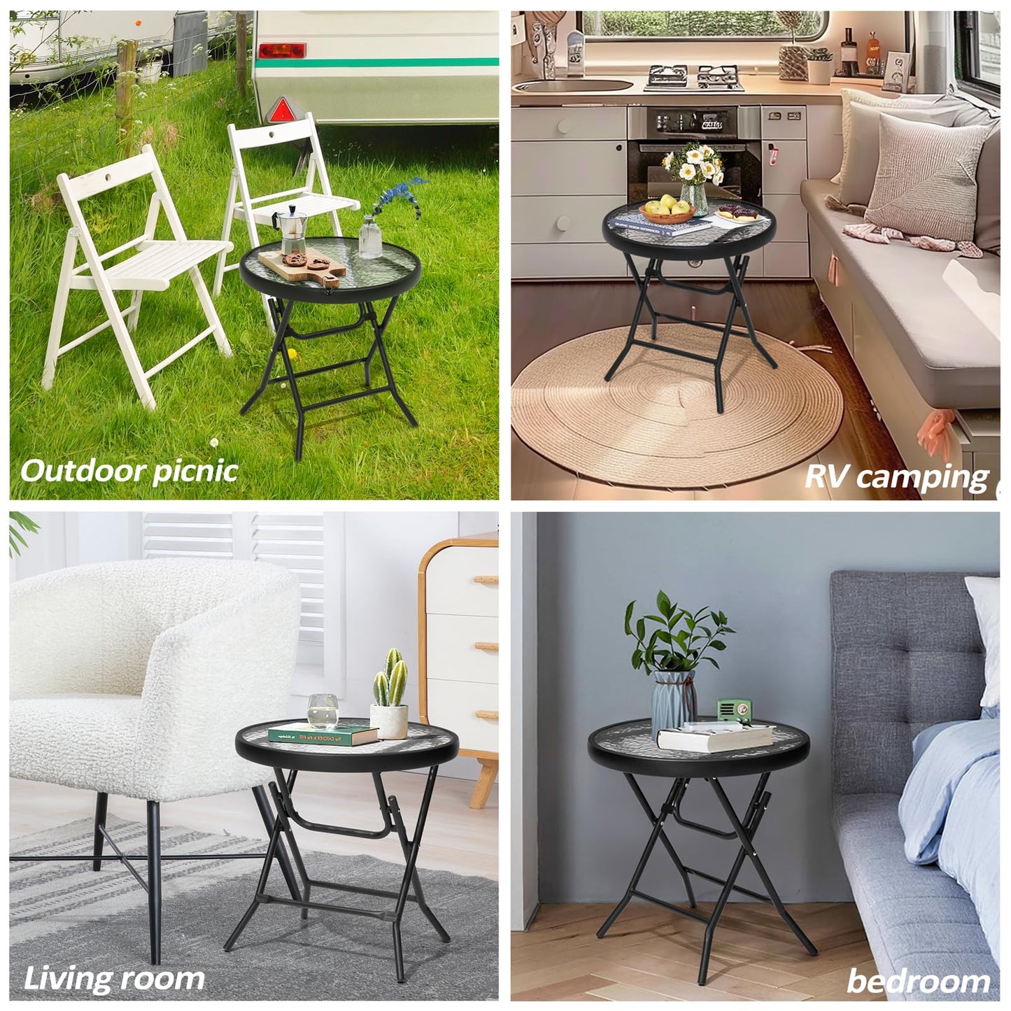 PATIOHIT Foldable Side Table with Tempered Glass Top 18" Outdoor Folding Side Tables Small Glass Patio Table for Porch Yard Balcony Deck Lawn Dining Garden (Black)