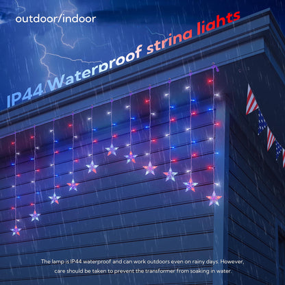 4th of July Patriotic Star Icicle Lights,red White and Blue Curtain String,11.5ft 118LED Waterproof 8 Modes with Timer Connectable Independence Day Decorations Window Lights for Outdoor Indoor