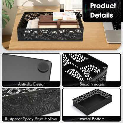 EsOfficce Desk Drawer Organizer, A4 Large Metal Mesh Desk Organizer Tray, Carved Hollow Floral Desk Tray, Versatile Storage Box Set for Office Home Supplies,13x9x3 inches (Curved,1 PC)