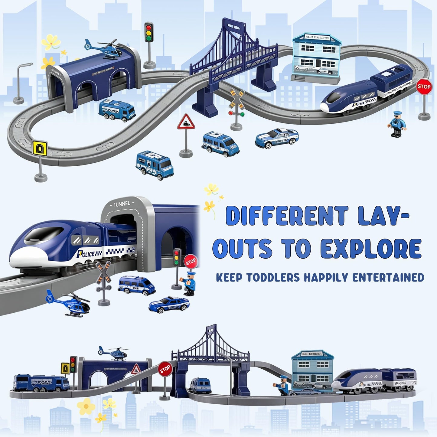 Wdmiya Train Sets for Toddlers, 66 Pcs Trains Toy with Battery Operated & Tracks (Magnetic Connection), Compatible with Thomas, Brio, Christmas Toy Gifts for 3 4 5 6 7 8 Years Old (Police)