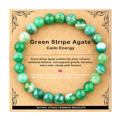 AD Beads 8mm Handmade Green Stripe Agate Elastic Bracelet – Natural Gemstone for Calm energy – Meditation, Yoga, Healing and Energy Gift for Men Women