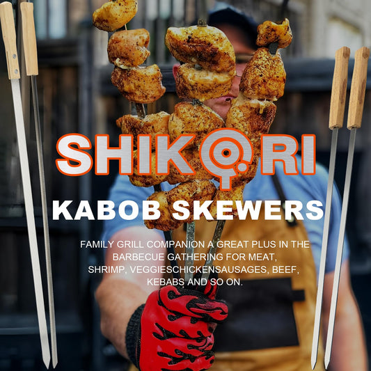 SHIKORI Kabob Skewers,BBQ Barbecue Skewers,Stainless Steel Sticks,23 Inch Heavy Duty Large Wide Reusable,with Nonslip Wooden-6 Pcs