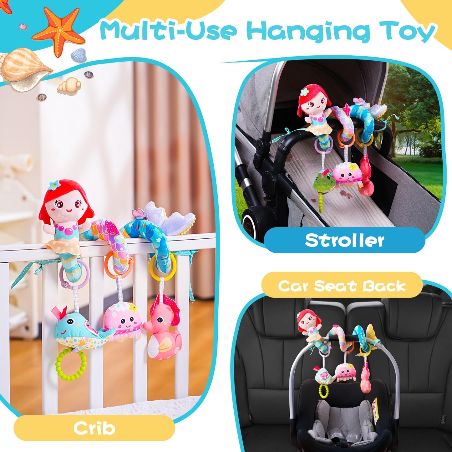 Koty Carseat Toys Hanging, Blue Mermaid Stroller Toys for Babies 0-6 Months, Baby Car Seat Toy with Crinkle, Teether, Music Box, Rattle, BB Squeaker for Babies Boys Girls Gifts (Blue Mermaid)