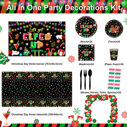 Lecheme Christmas Party Decorations 300 PCS Let's Get Elfed Up Backdrop Tableware Plates Napkins Serve 24 Friendsmas Balloon Arch Elf Christmas Party Supplies